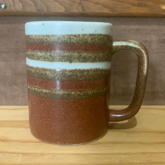 Vintage mug. Hand painted glaze.  Striped earthy tones. - Picture 1 of 6